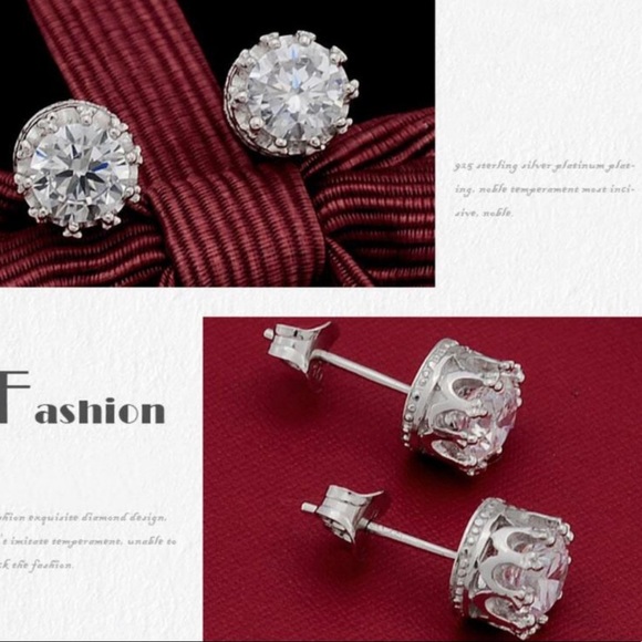 925 Sterling Silver Diamond Crown Stud Earrings - Picture 6 of 7